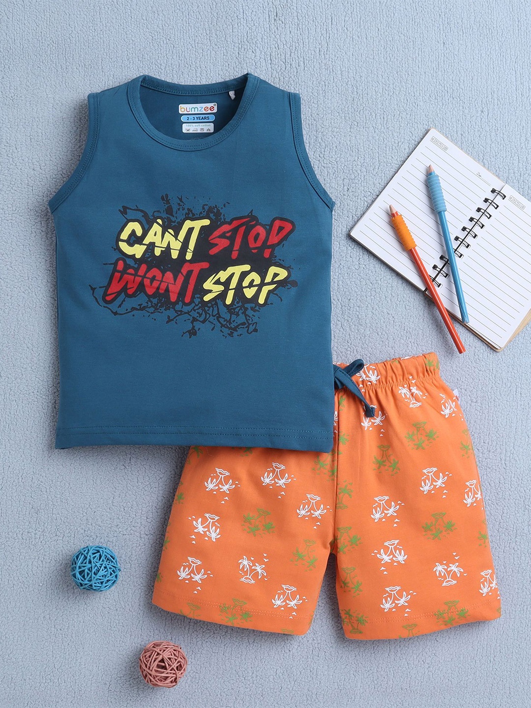 

BUMZEE Boys Printed Round Neck Pure Cotton T-Shirt With Shorts, Teal