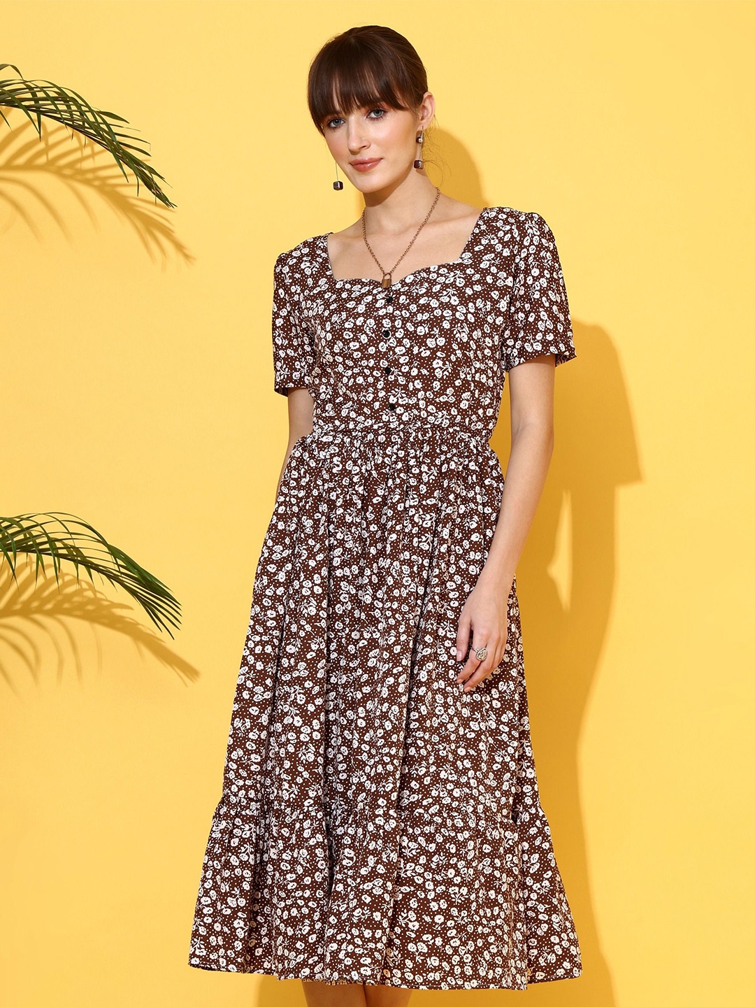 

De La Moda Floral Print Crepe Fit & Flare Midi Dress, Brown