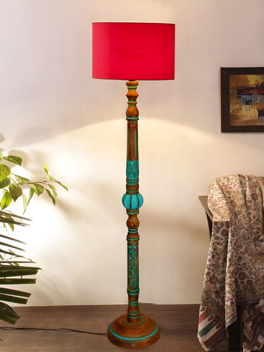 

Devansh Red & Blue Cylinder Shaped Wooden Traditional Floor Lamp
