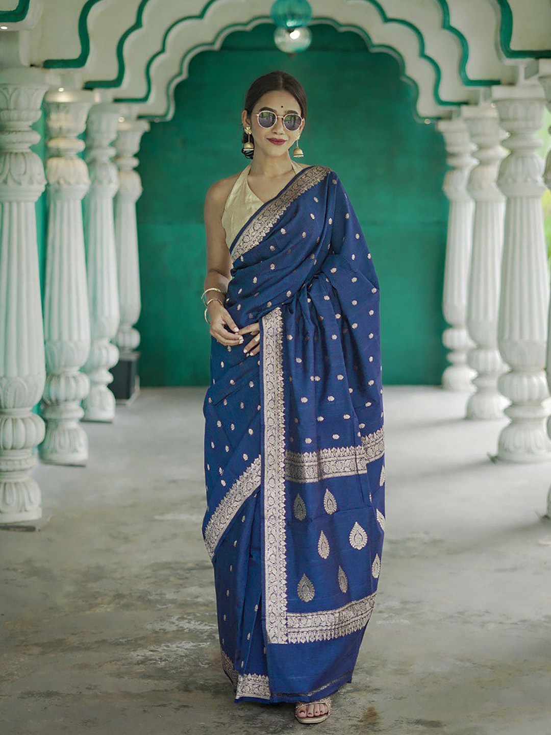 

KALINI Woven Design Zari Silk Blend Banarasi Saree, Blue