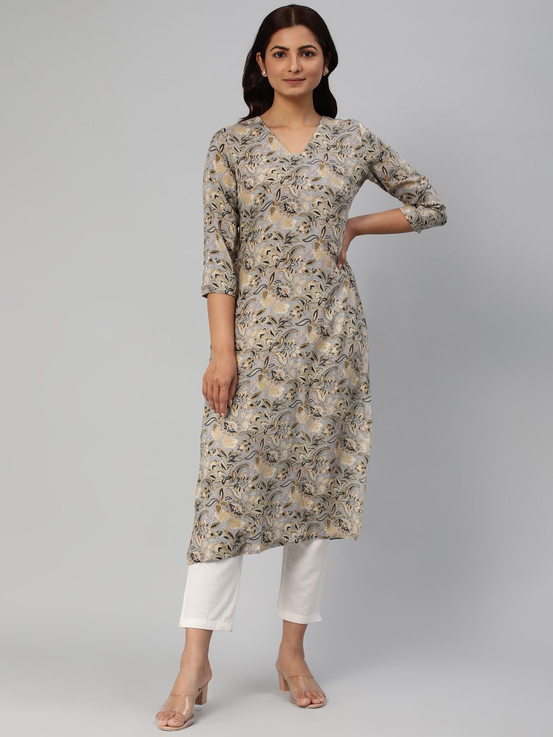 

DIVASTRI Floral Printed V-Neck Straight Kurta, Grey