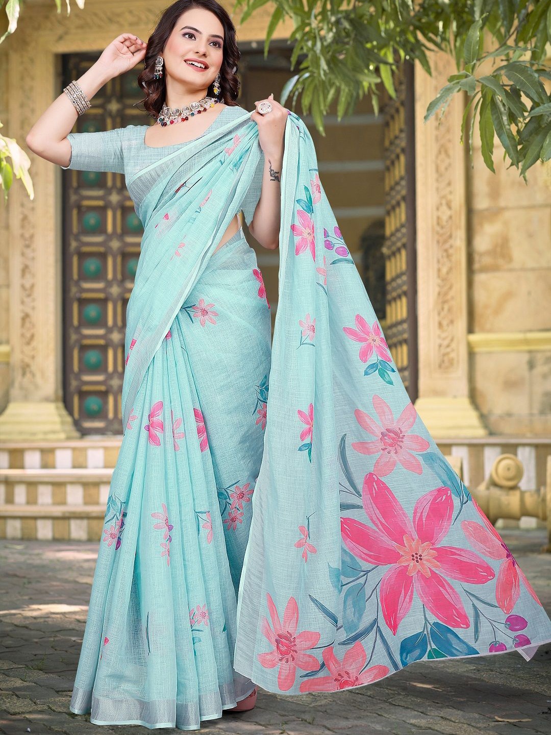 

Iris Floral Printed Zari Pure Cotton Saree, Blue