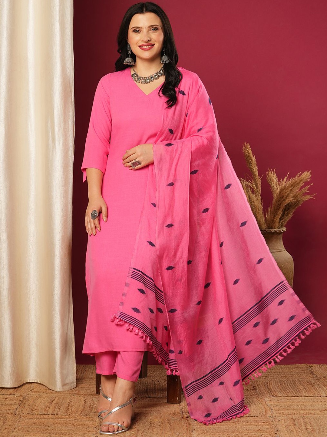 

GoSriKi V-Neck Straight Kurta With Trousers & Dupatta, Pink