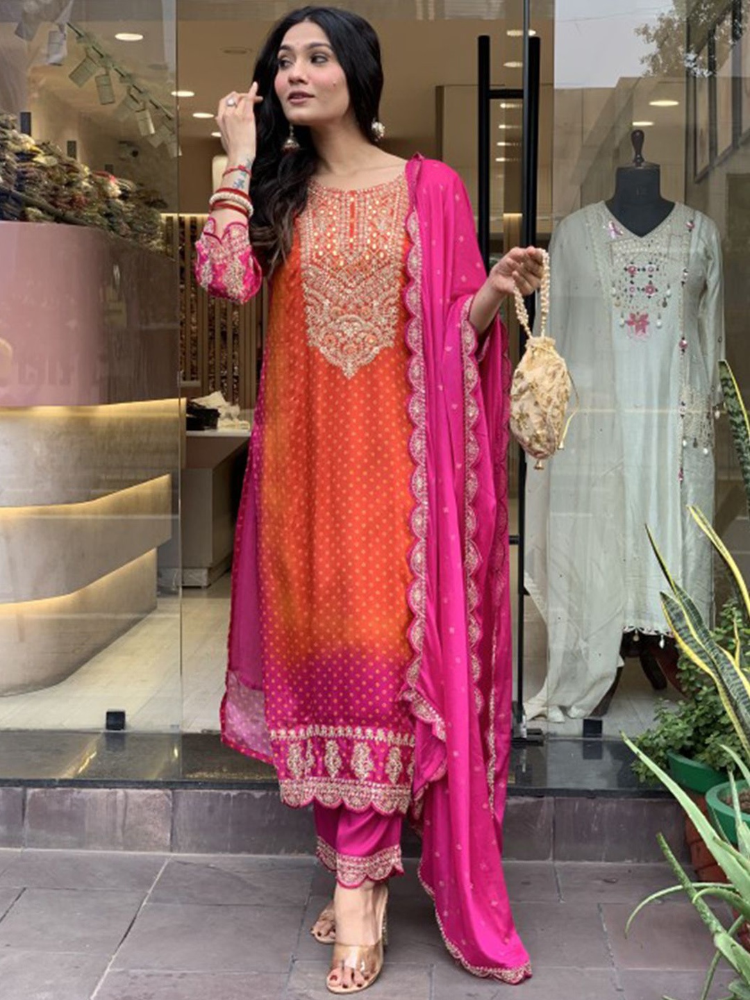 

KALINI Women Bandhani Embroidered Chinon Thread Work Kurti Palazzos With Dupatta Set, Orange