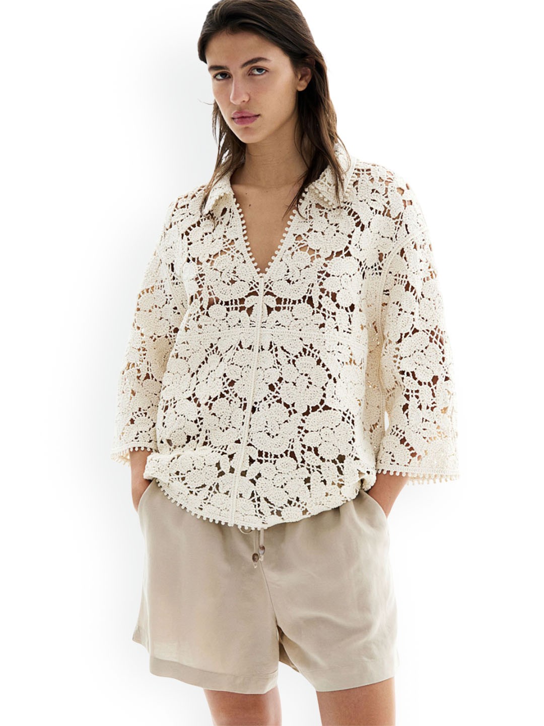 

H&M Linen-Blend Drawstring Shorts, Beige