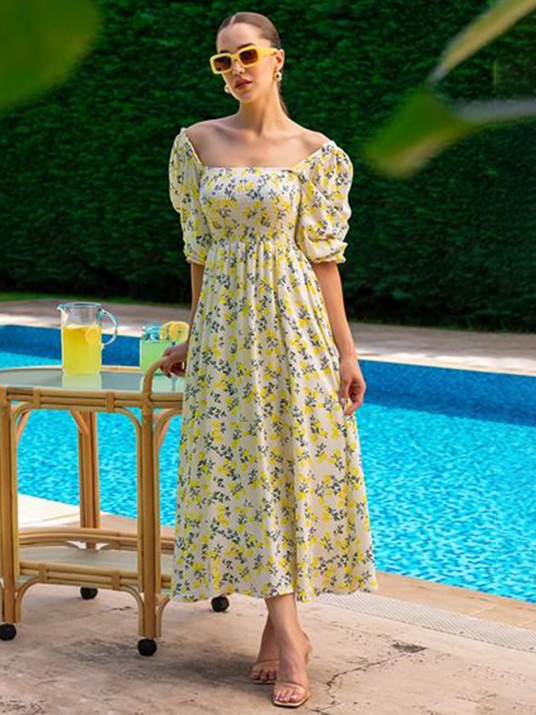 

De La Moda Floral Print Puff Sleeve Georgette Fit & Flare Maxi Dress, Yellow