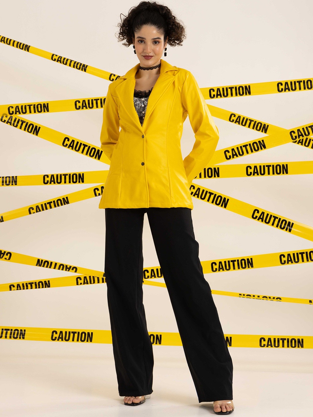 

BAESD Notched Collar Single Breasted Leather Blazer, Yellow