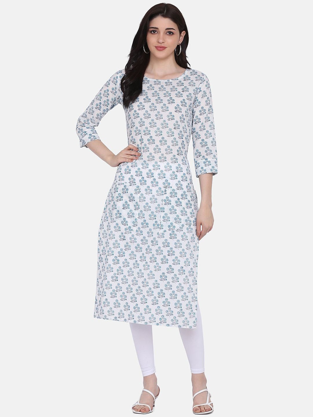 

DIVASTRI Floral Printed Round Neck Pure Cotton Straight Kurta, White