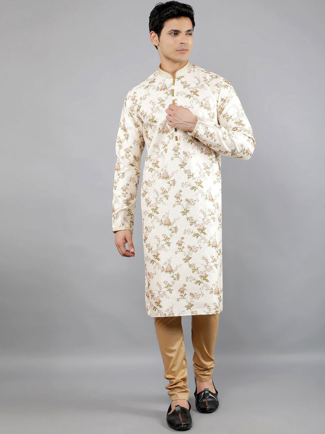 

Manish Creations Floral Woven Design Sequinned Mandarin Collar Kurta With Churidar, Cream