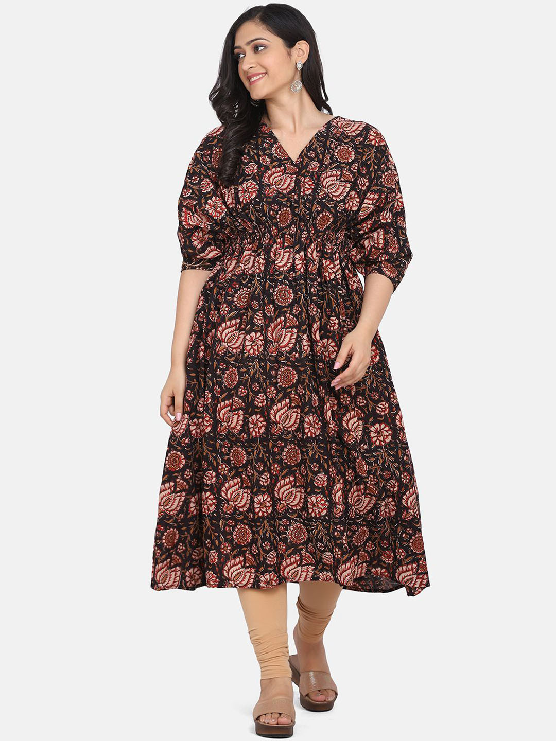 

DIVASTRI Floral Printed V-Neck Empire Cotton A-Line Kurta, Brown