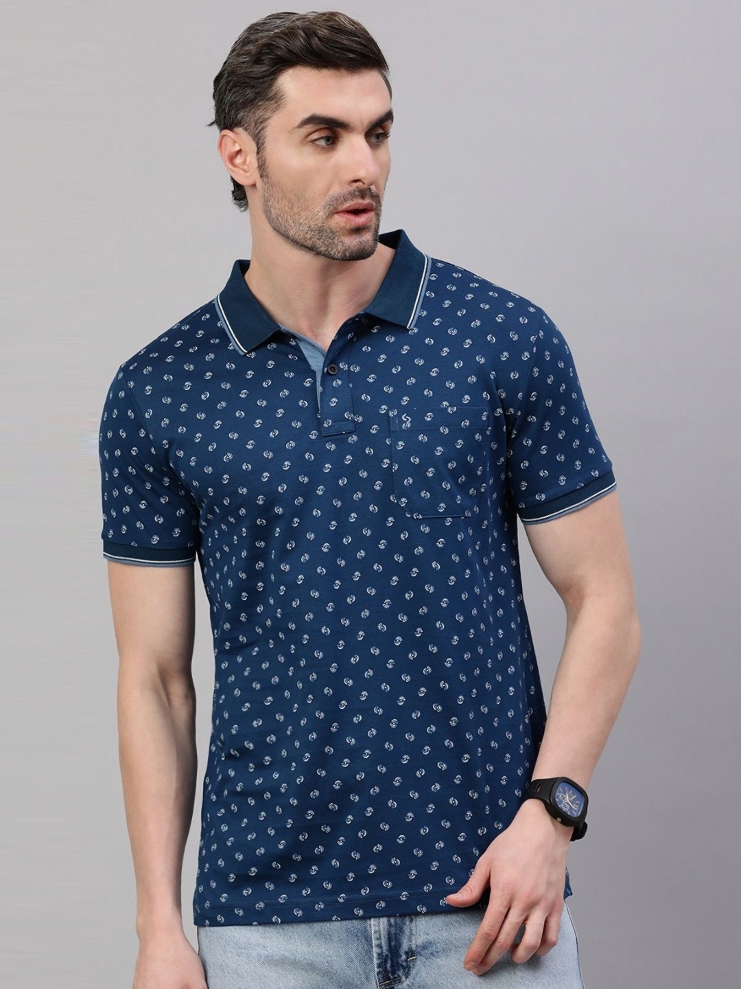 

Classic Polo Men Printed Polo Collar Pockets Slim Fit T-shirt, Navy blue