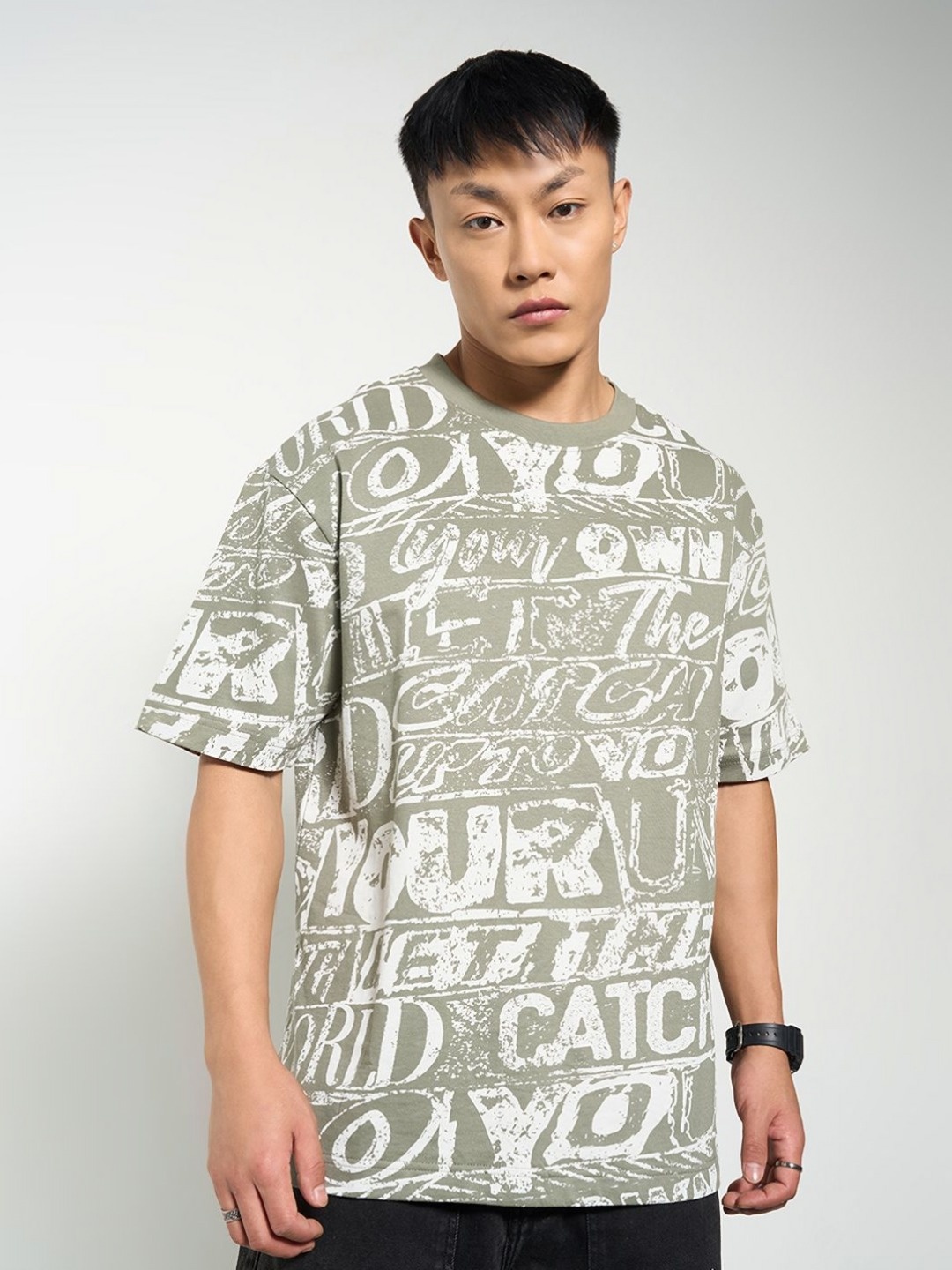 

People Men Floral Printed Raw Edge Boxy T-shirt, Olive