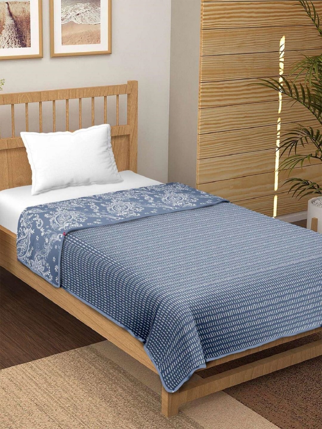 

CHICERY Blue & White Floral Printed AC Room 210 GSM Cotton Single Bed Dohar