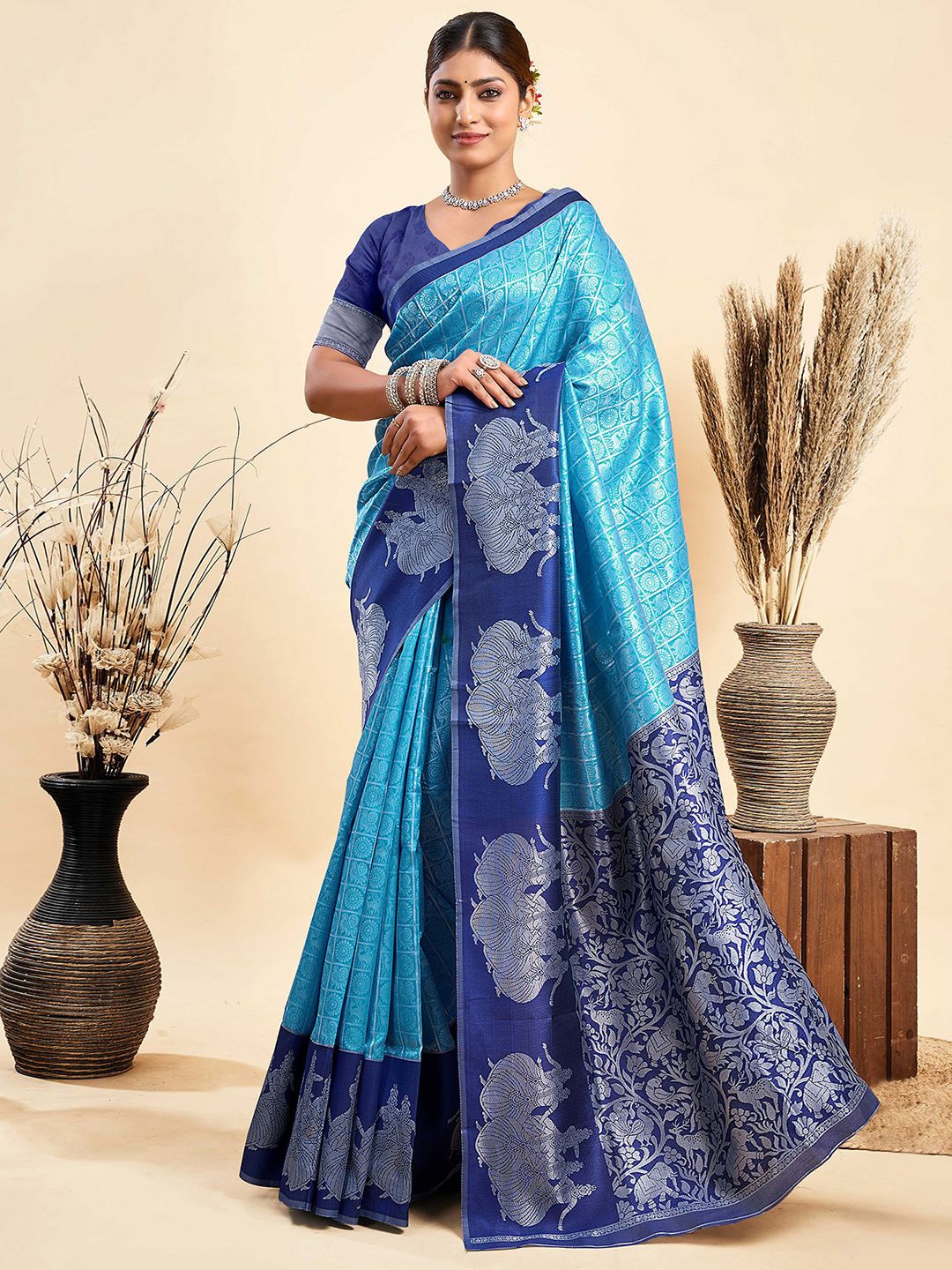 

KALINI Woven Design Silk Blend Kanjeevaram Saree, Blue