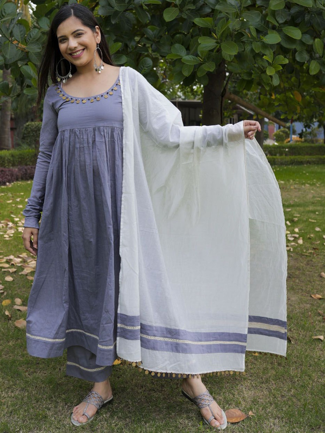 

KALINI Round Neck Empire Pure Cotton A-Line Kurta With Palazzos & Dupatta, Grey