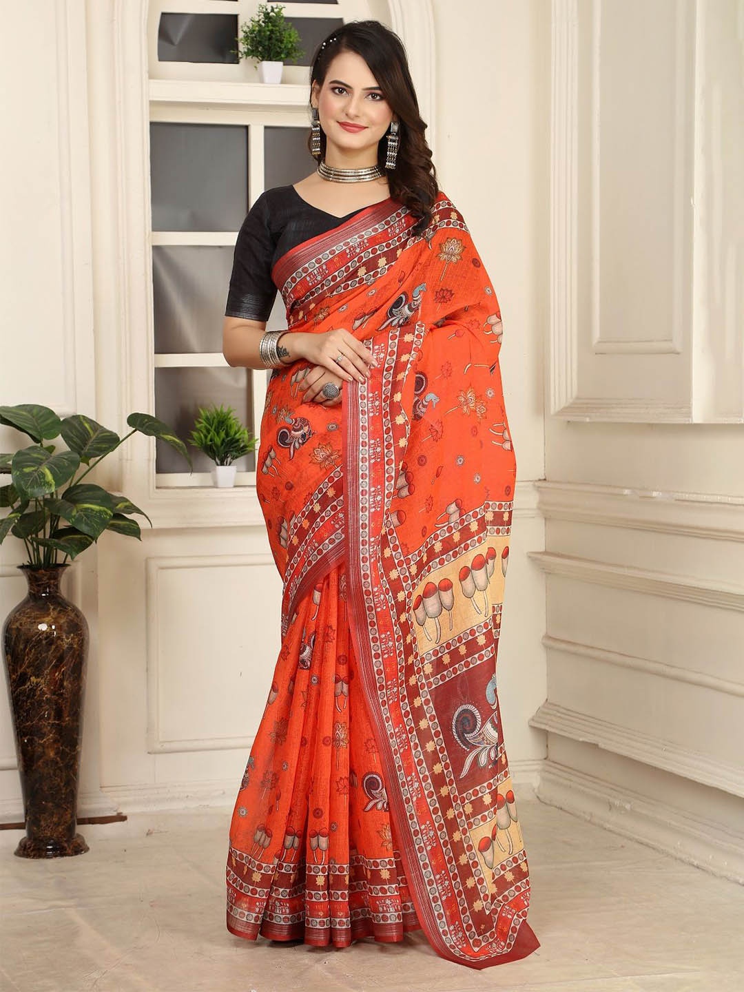

Iris Ethnic Motifs Pure Cotton Saree, Orange