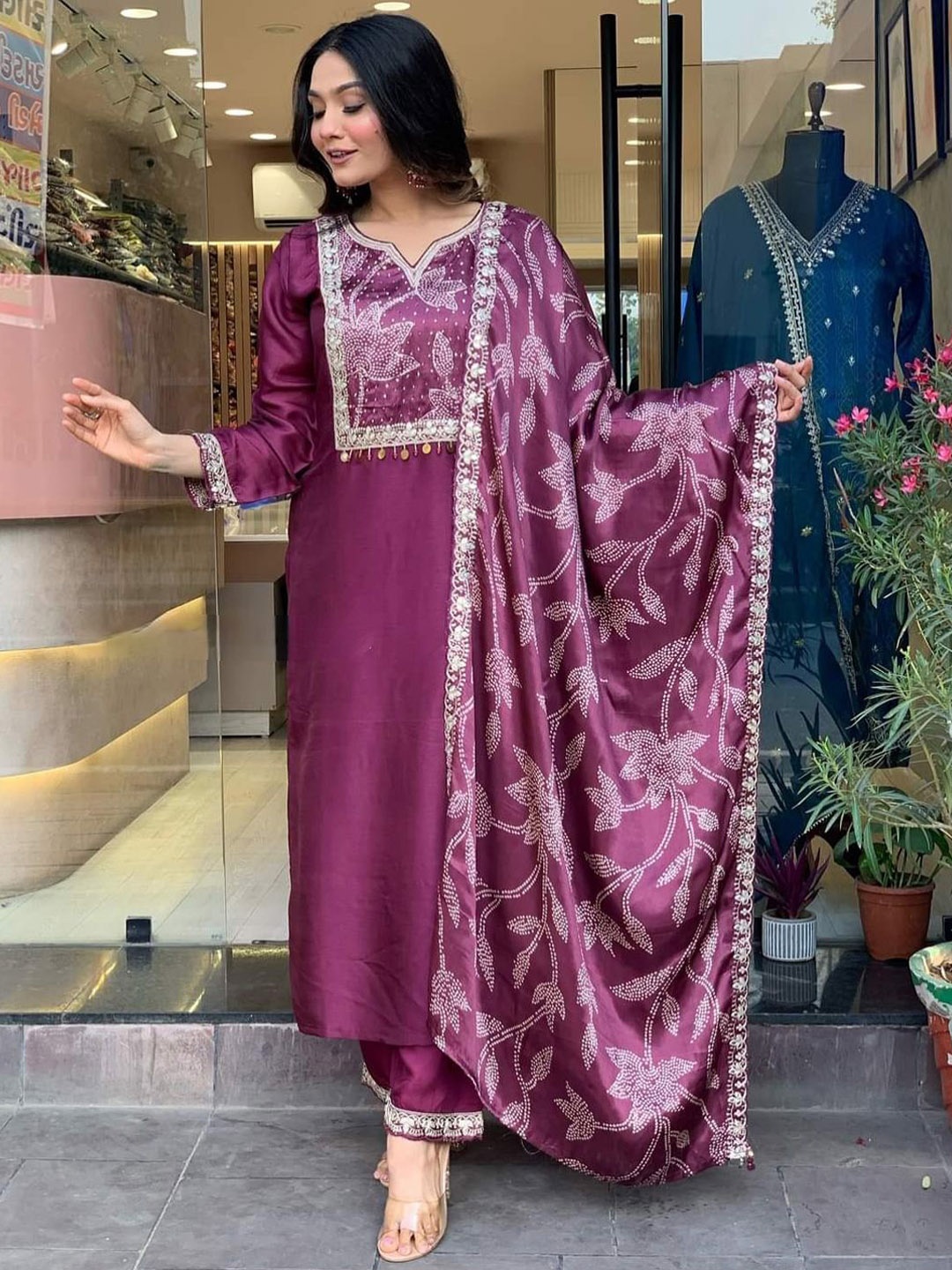 

TOOCHKI Thread Work Embroidered Silk Straight Kurta & Pant With Dupatta, Magenta