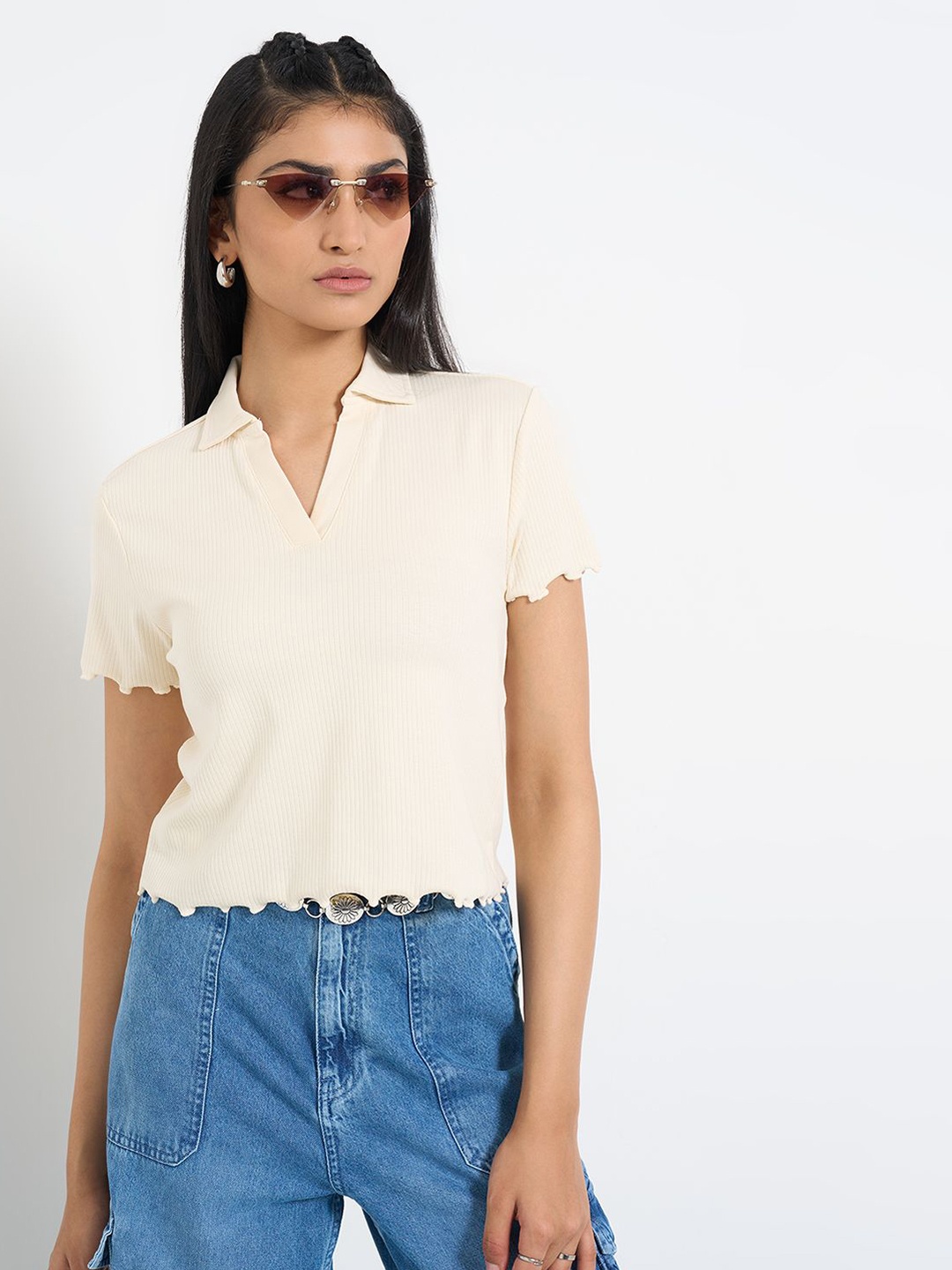 

SF JEANS by Pantaloons Women Shirt Collar Shirt Style Top, Off white