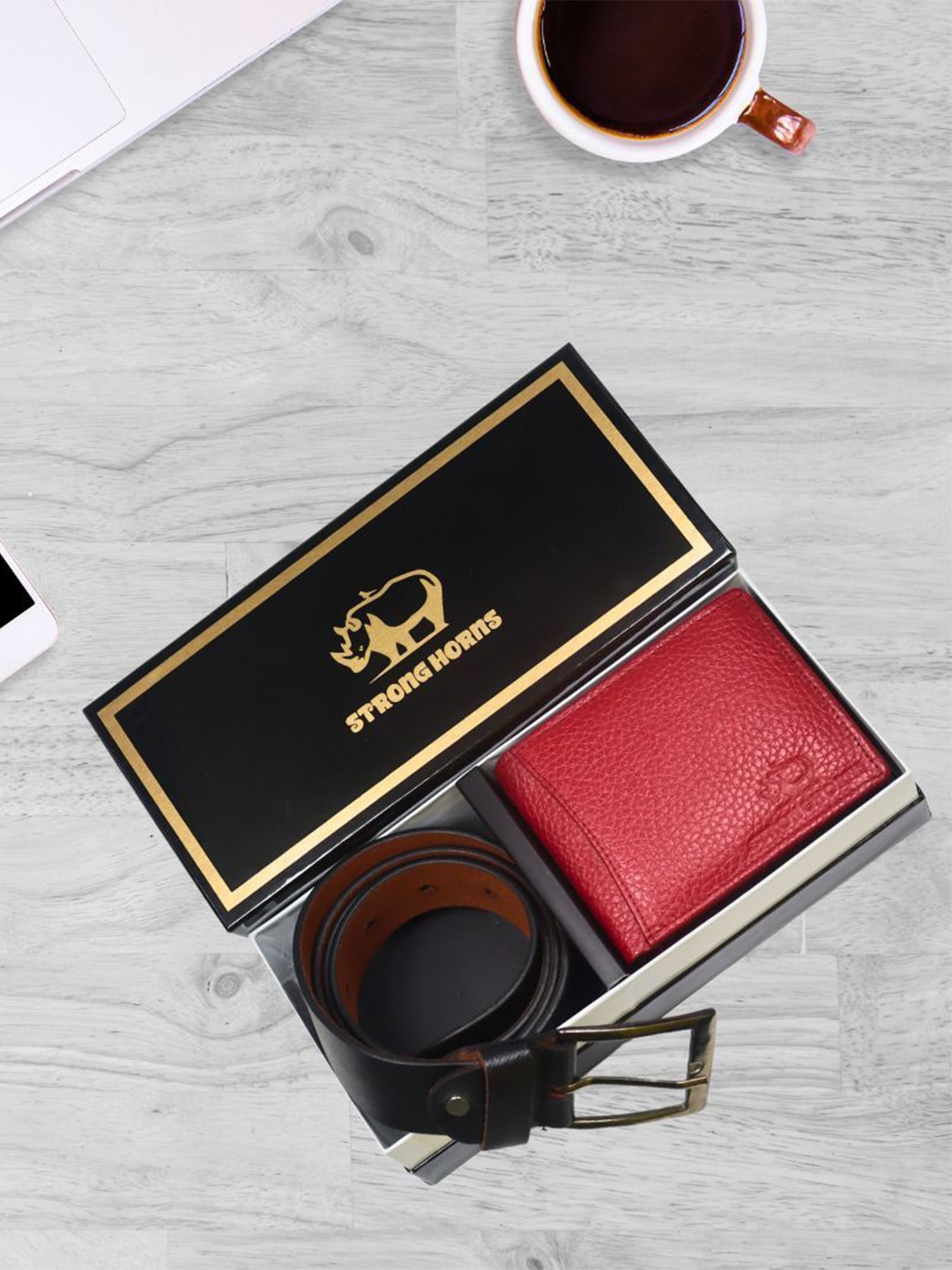 

STRONG HORNS Men Accessory Gift Set Premium Belt & Wallet, Red