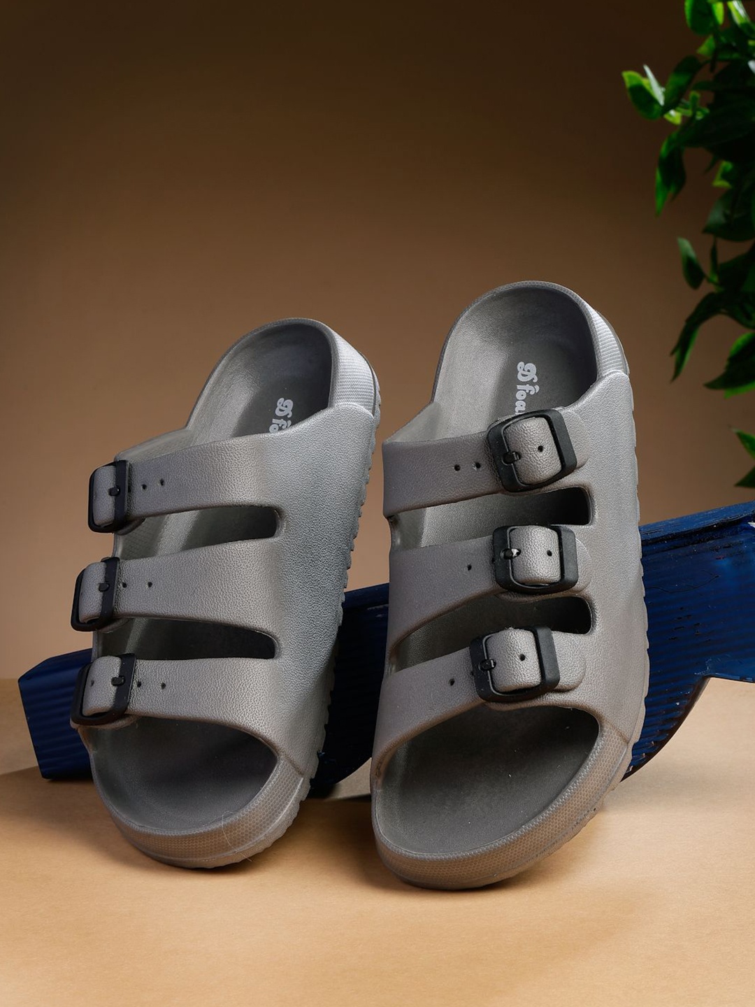 

NATSHUZ Unisex Lightweight & Comfortable Triple Strap Adjustable Slip-On Sliders, Grey