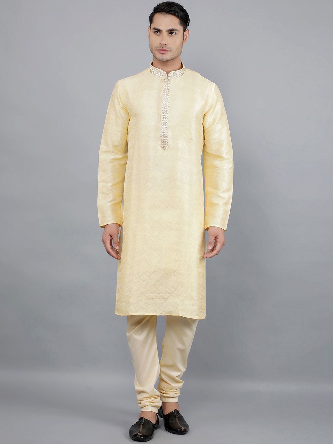 

Manish Creations Woven Design Band Collar Jacquard Kurta with Churidar, Beige
