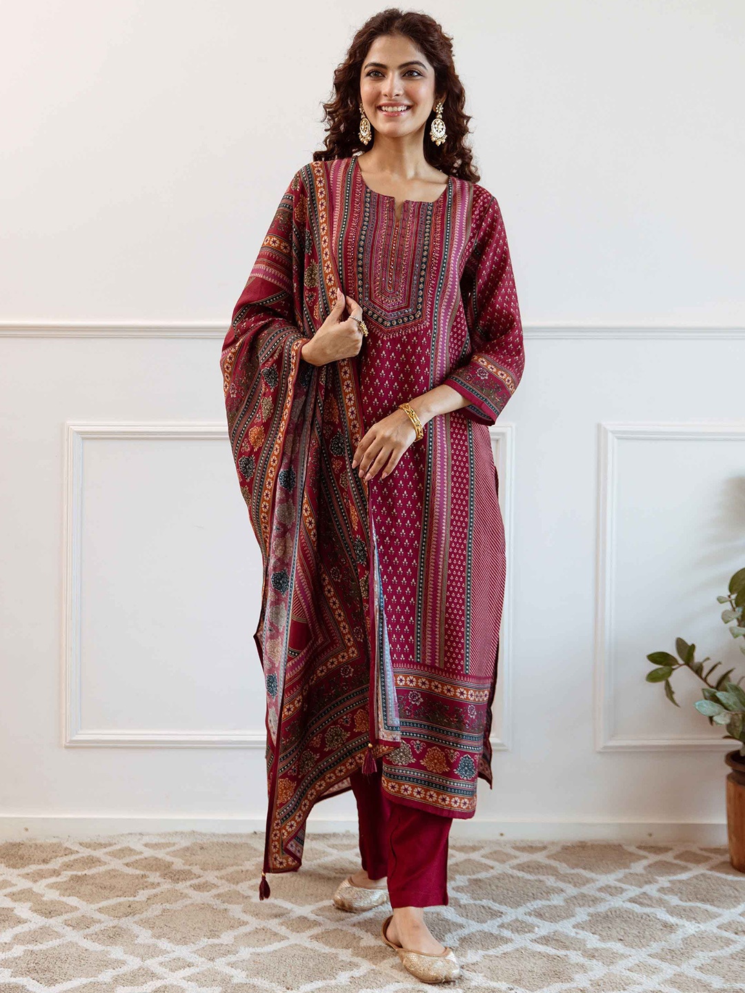 

KALINI Floral Printed Notch Neck Modal Straight Kurta With Trousers & Dupatta, Maroon
