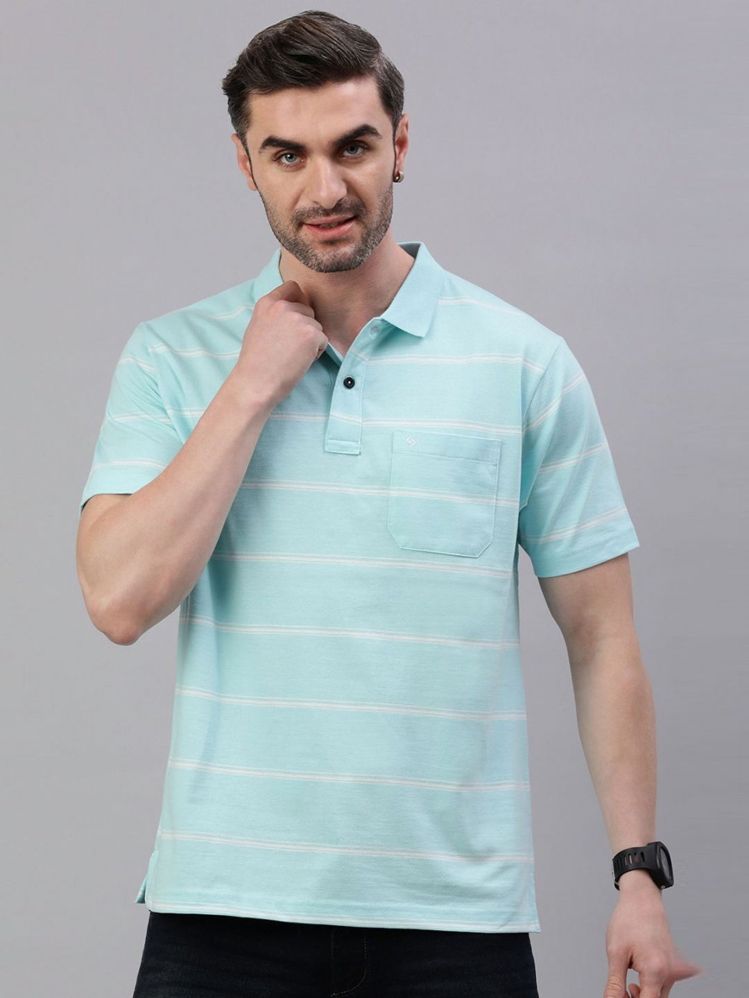 

Classic Polo Men Striped Polo Collar Pockets T-shirt, Blue