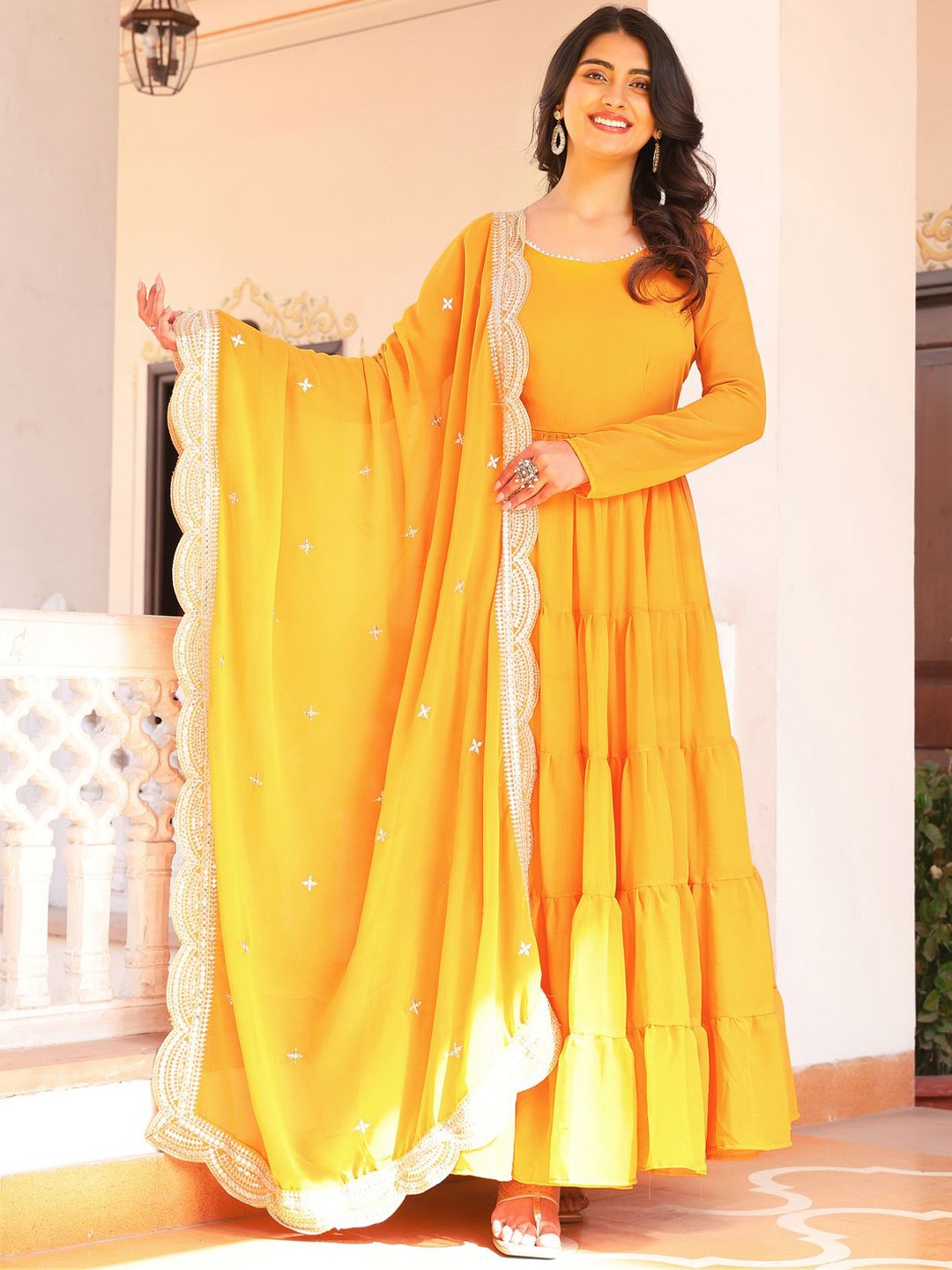 

Ethnic Yard Layered Georgette Kurta With Pyjamas And Dupatta, Yellow