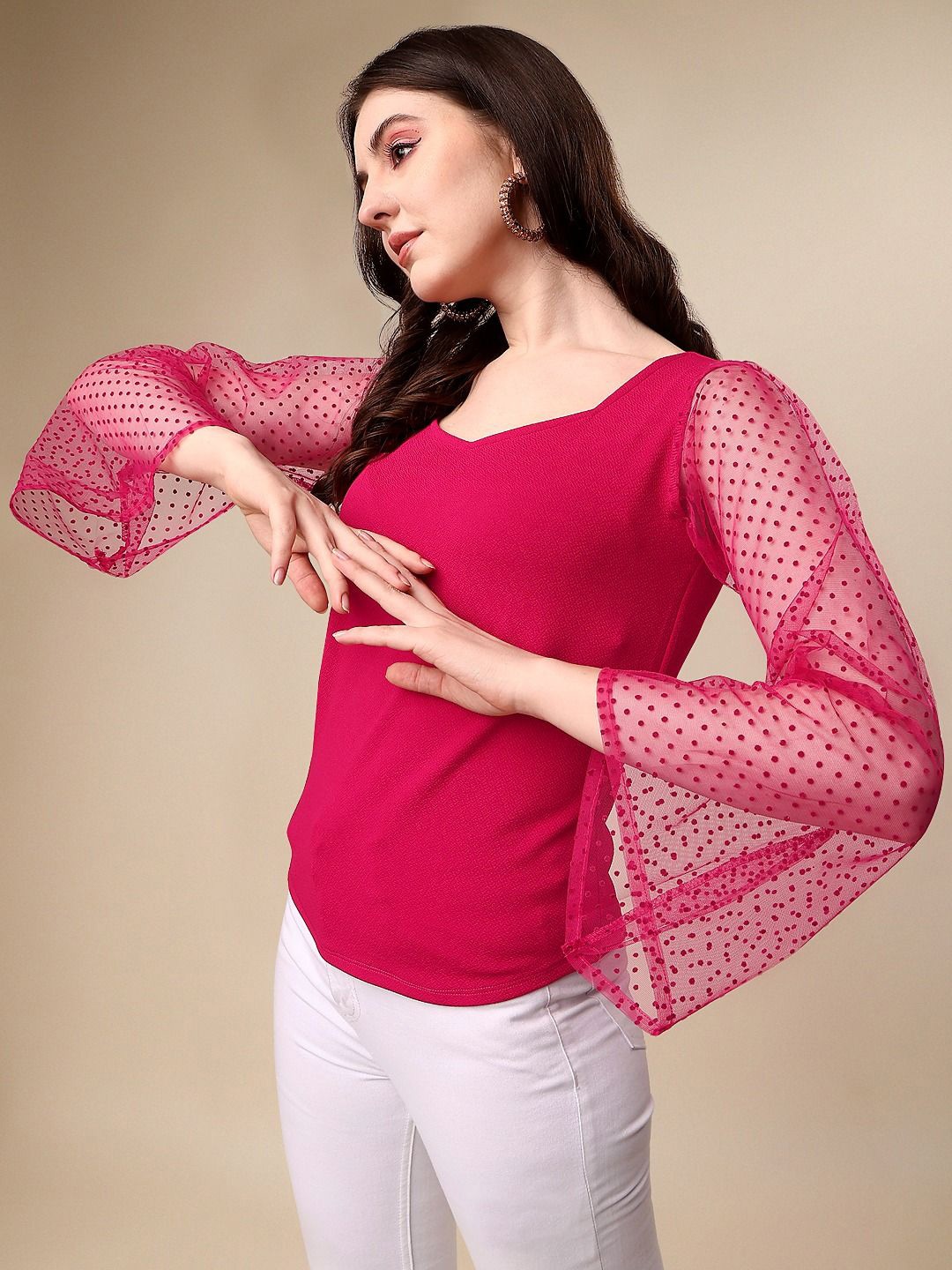 

De La Moda Sweetheart Neck Bell Sleeve Top, Pink