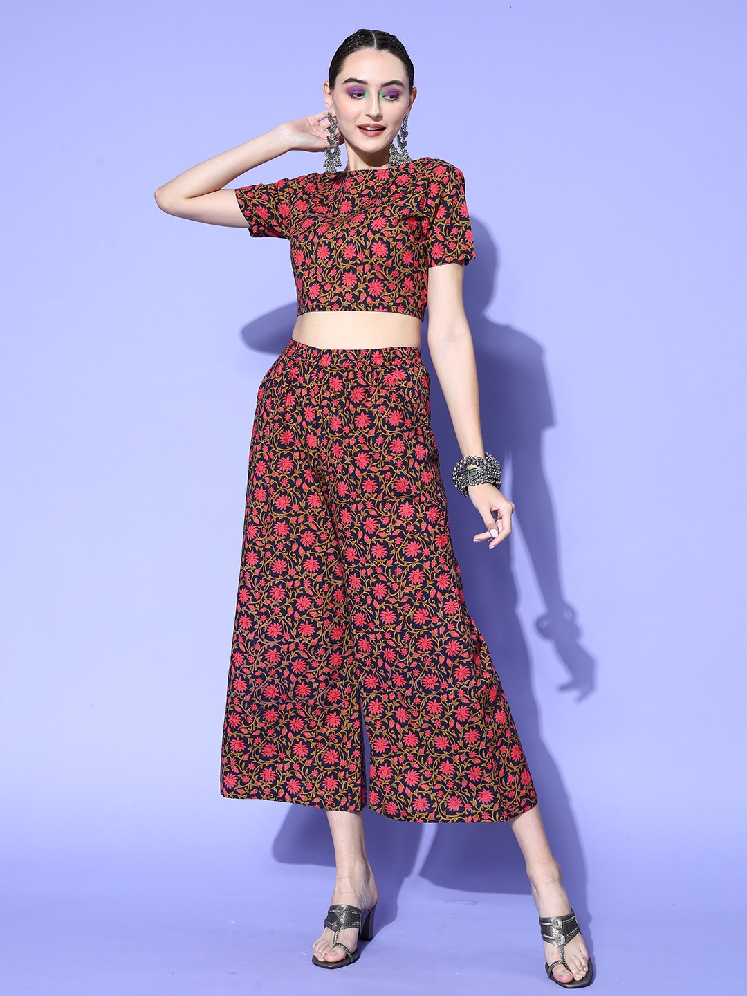 

KALINI Floral Printed Top & Palazzos, Navy blue