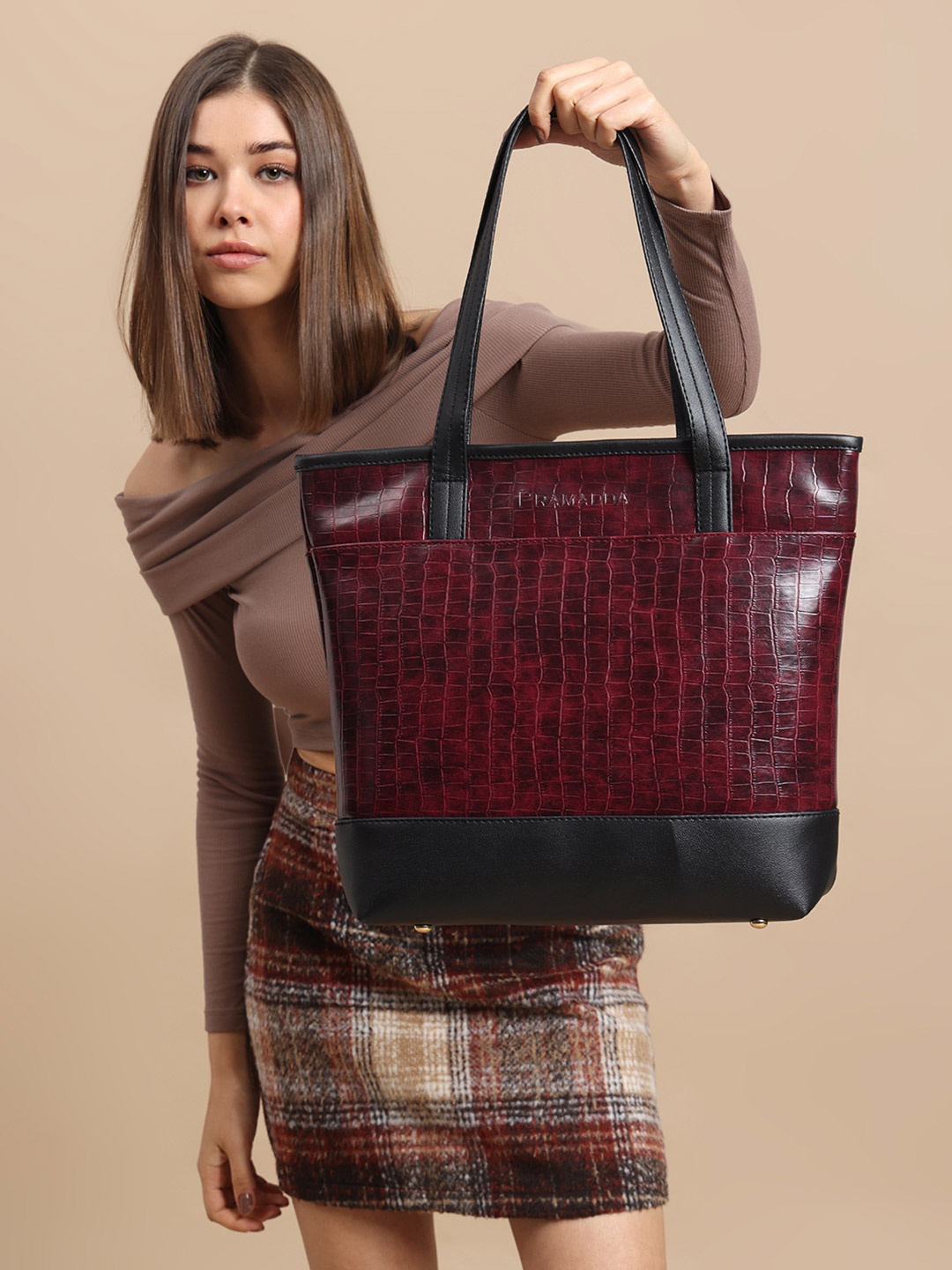 

Pramadda Pure Luxury Textured PU Swagger Tote Bag, Maroon