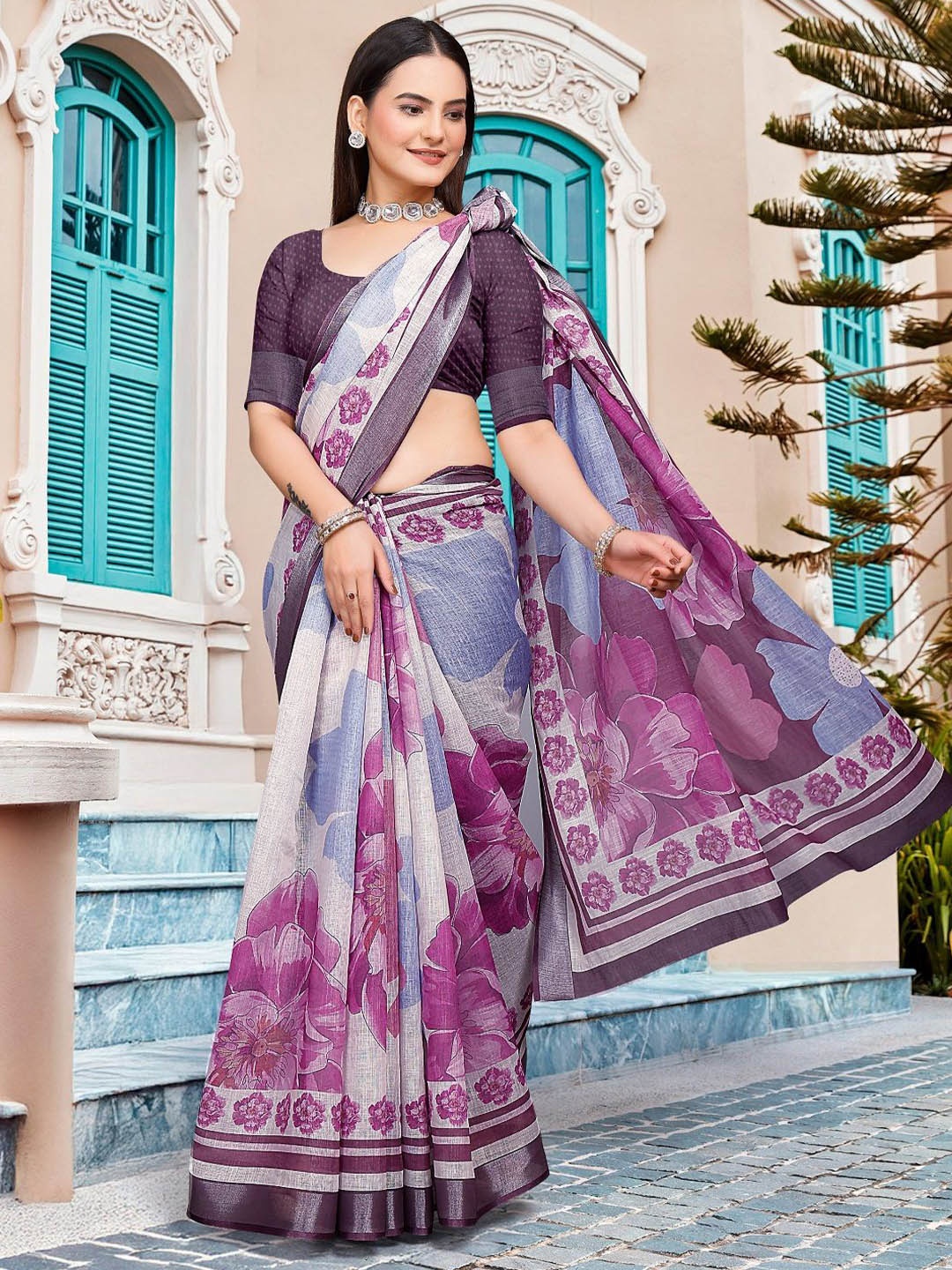 

Iris Floral Print Pure Cotton Saree, Purple