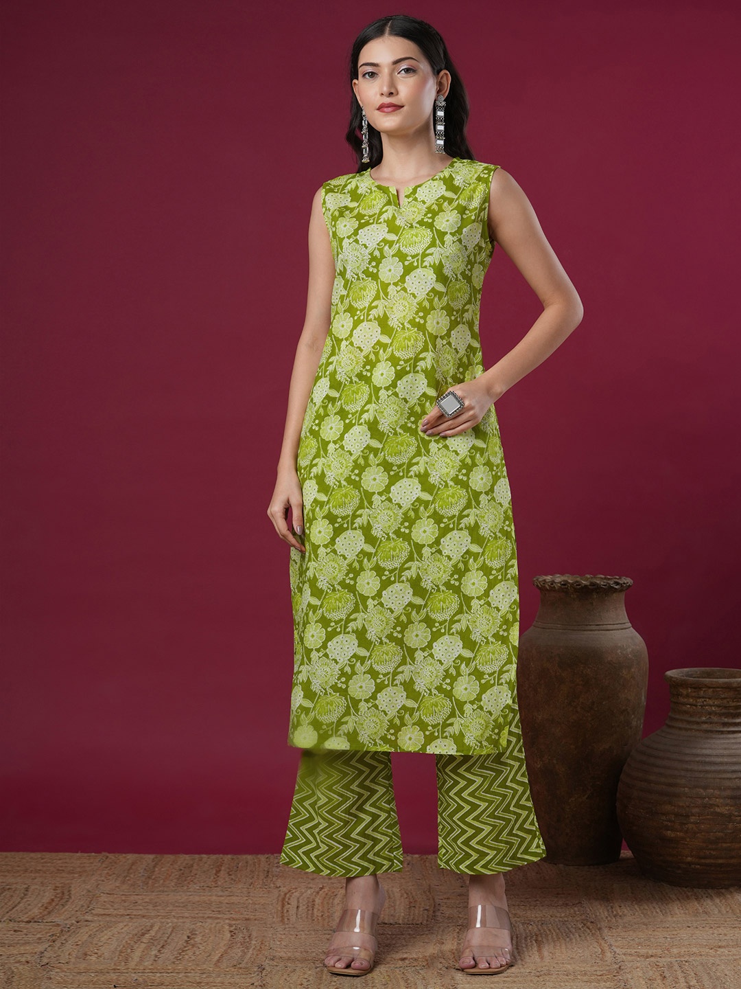 

FASHOR Floral Printed Pure Cotton Straight Kurta With Palazzos, Green