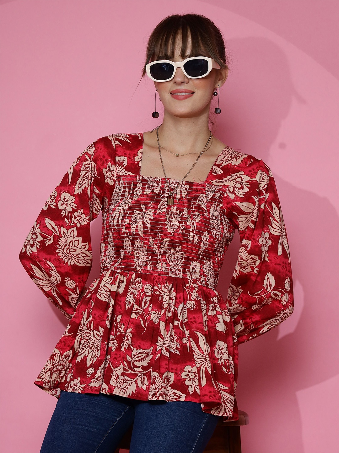 

De La Moda Floral Print Crepe Top, Red