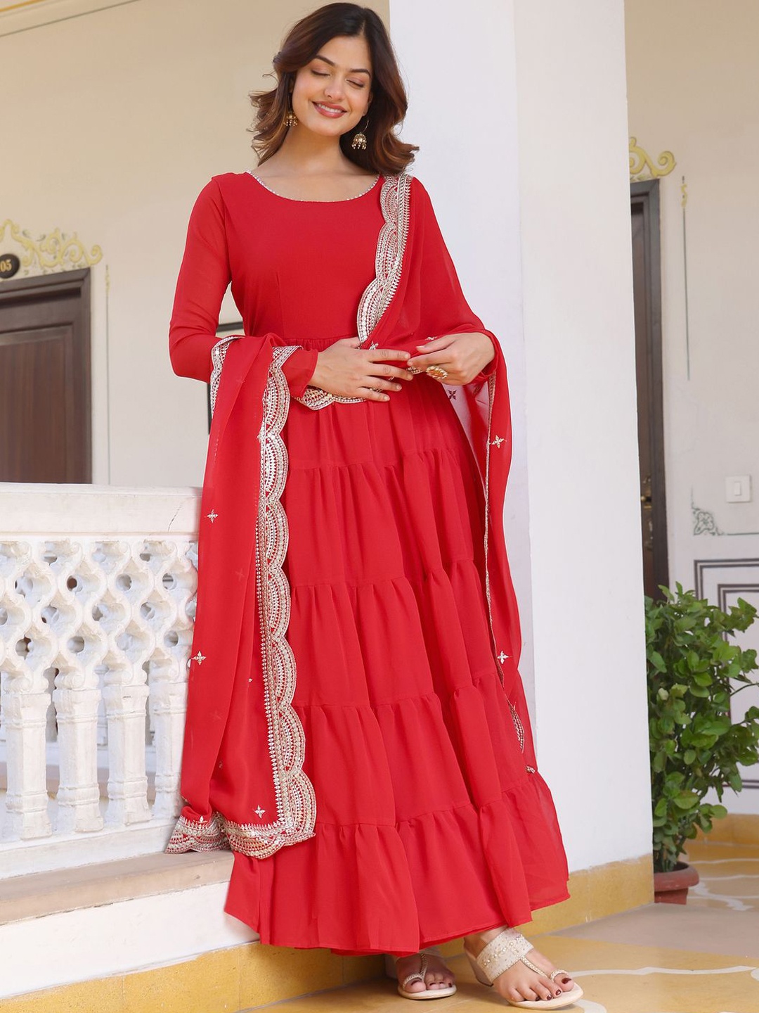 

Ethnic Yard Georgette Layered Anarkali Kurta With Pyjamas And Dupatta, Red
