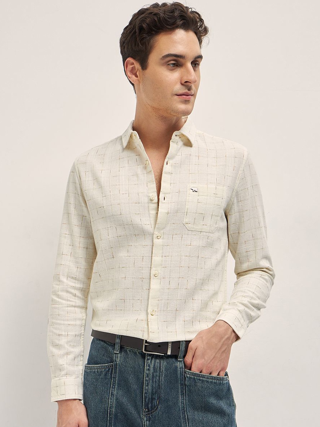 

THE BEAR HOUSE Men Slim Fit Opaque Checked Casual Shirt, Cream