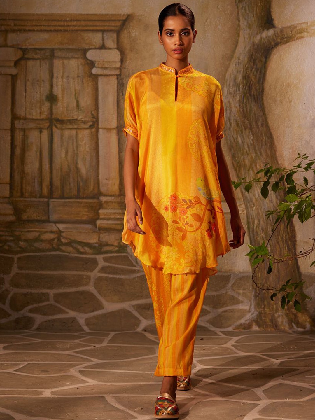 

Basil leaf Floral Printed A-Line Kurta with Trousers, Orange