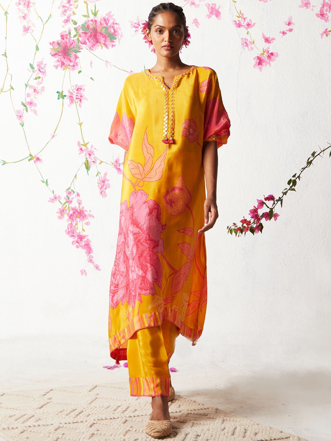 

Basil leaf Floral Printed Notch Neck Mirror Work Silk Crepe Kaftan Kurta With Trousers, Mustard