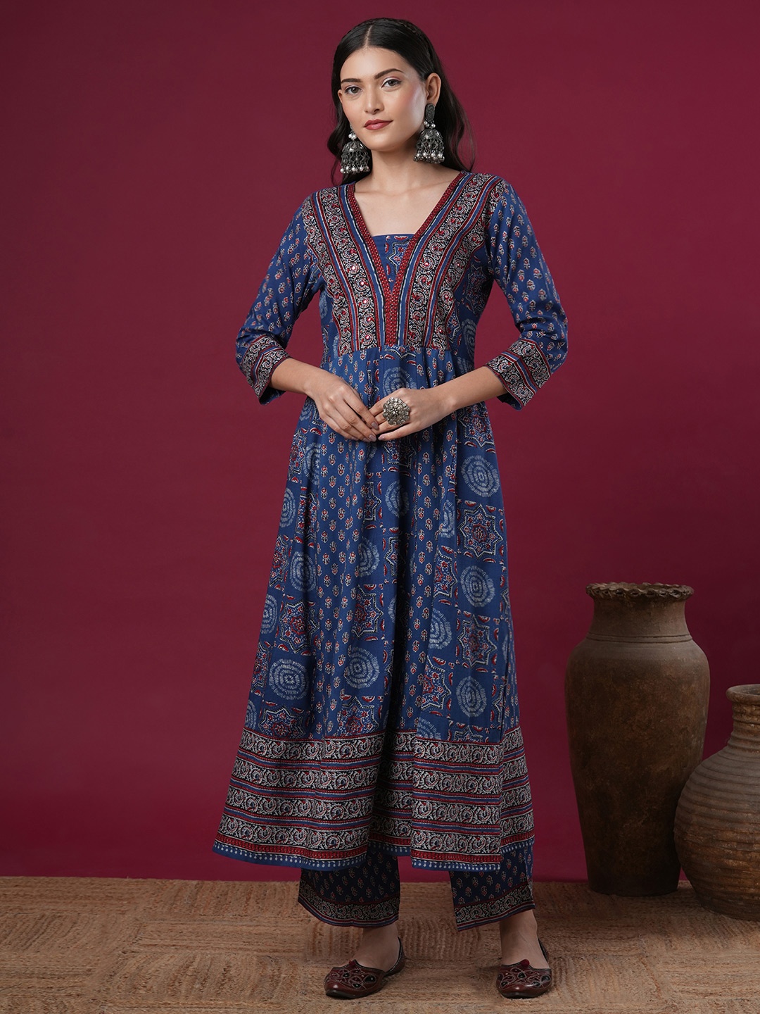 

FASHOR Floral Printed Pure Cotton Anarkali Kurta With Trousers, Blue
