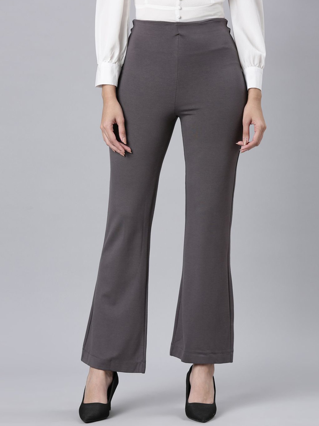 

Go Colors Women Relaxed Flared High-Rise Trousers, Grey