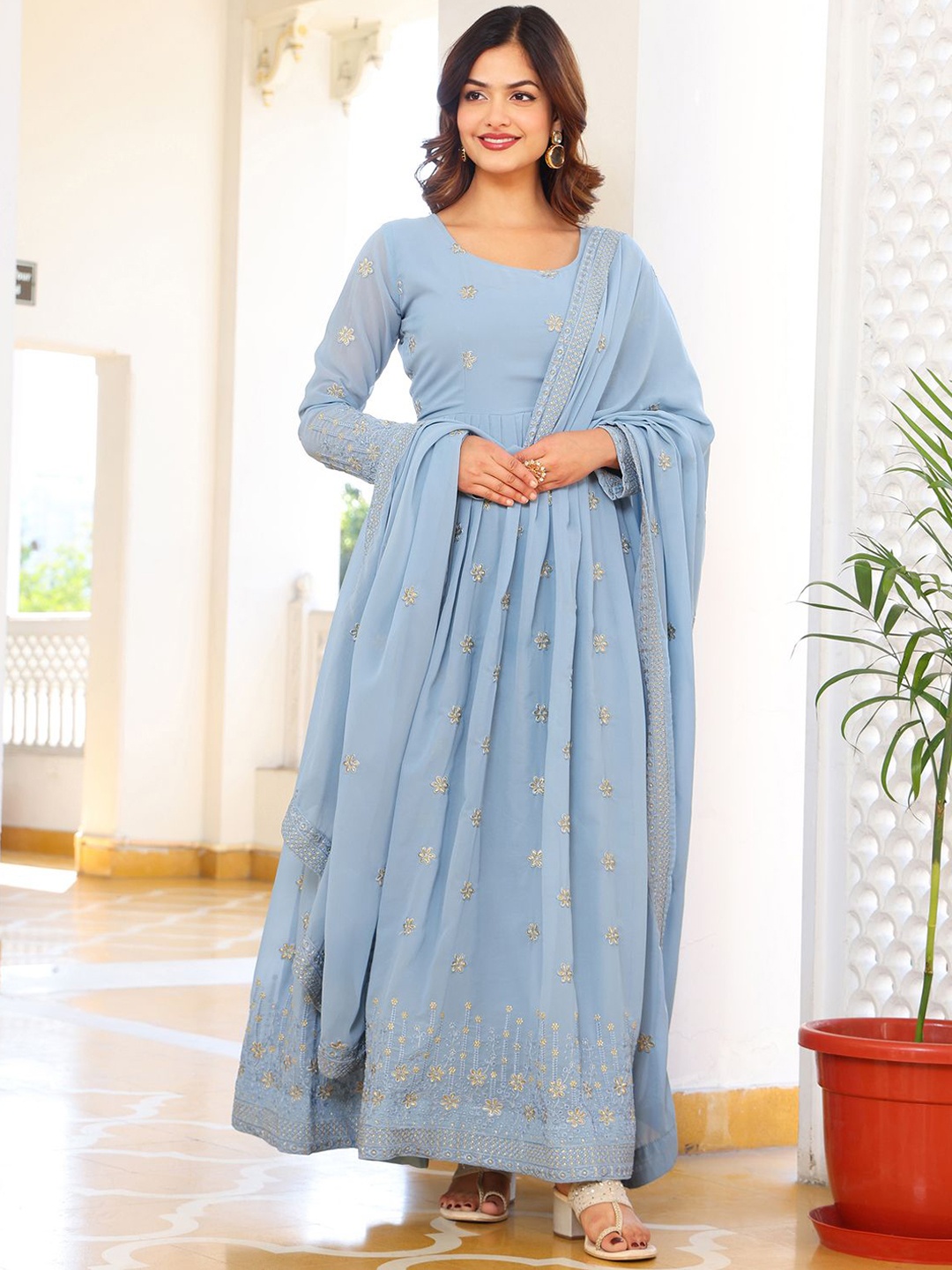 

KALINI Floral Embroidered Round Neck Zari Anarkali Kurta With Trousers & Dupatta, Blue