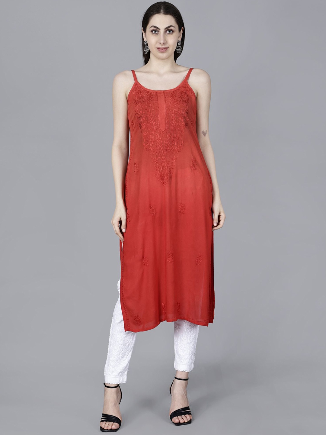 

NAZAQAT ETHNIC INDIA Floral Embroidered Chikankari Shoulder Straps Modal Kurta, Red