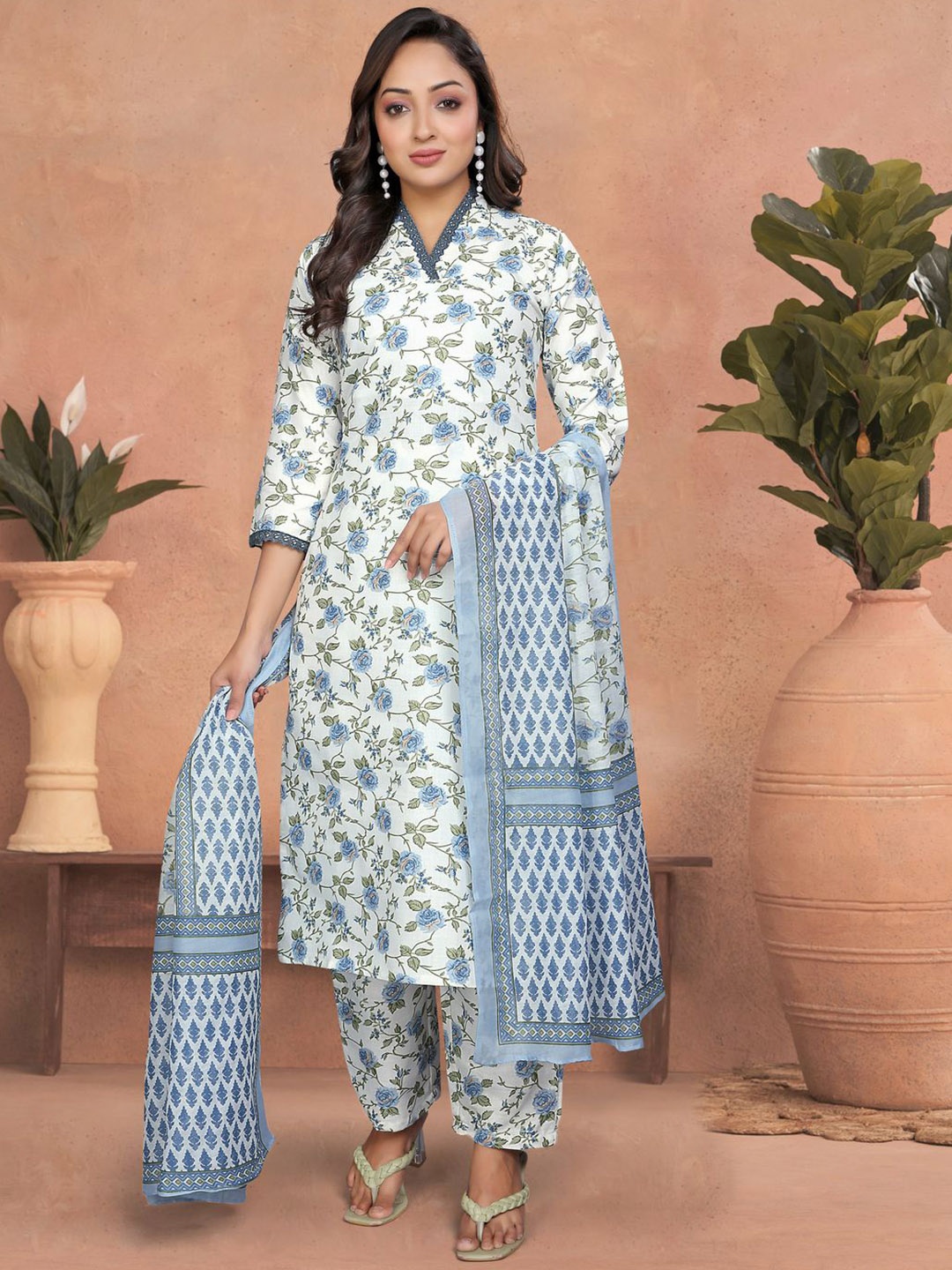 

Anara Floral Printed V-Neck Straight Kurta With Trousers & Dupatta, Blue