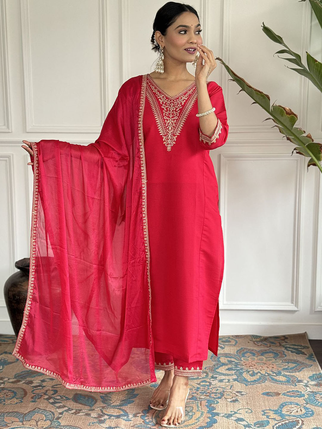 

BAESD Ethnic Motifs Embroidered Thread Work Chanderi Silk Straight Kurta & Pant Dupatta, Pink