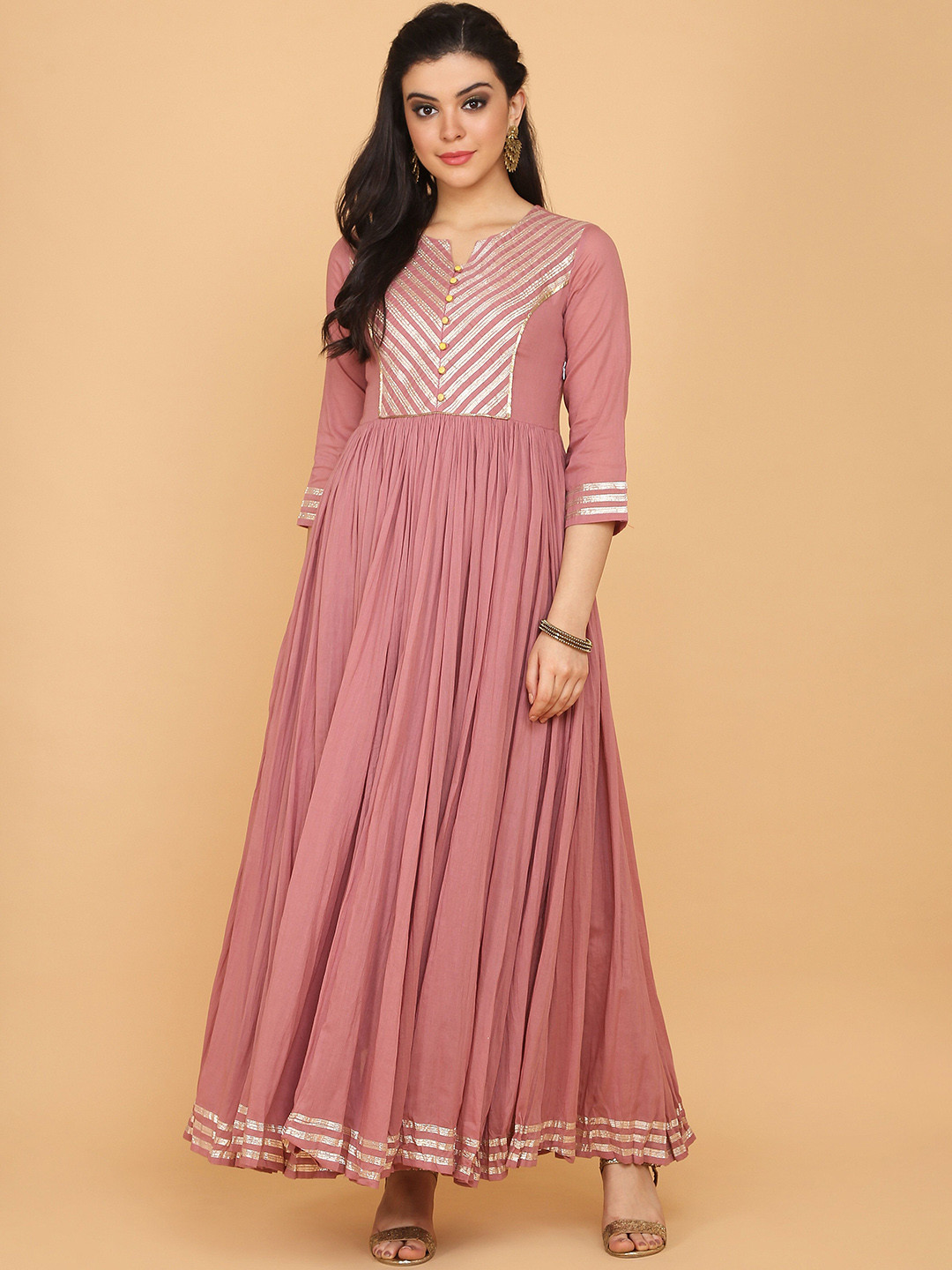 

DIVASTRI Striped Yoke Design Three-Quarter Sleeves Empire Gotta Patti Pure Cotton Kurta, Pink