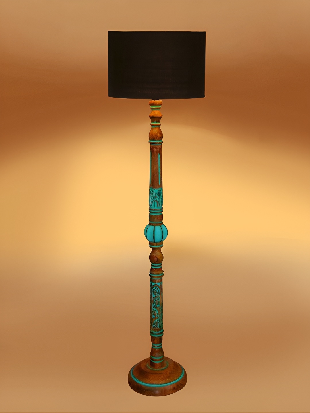 

Devansh Black & Turquoise Blue Cylindrical Shaped Traditional Wooden Floor Lamp