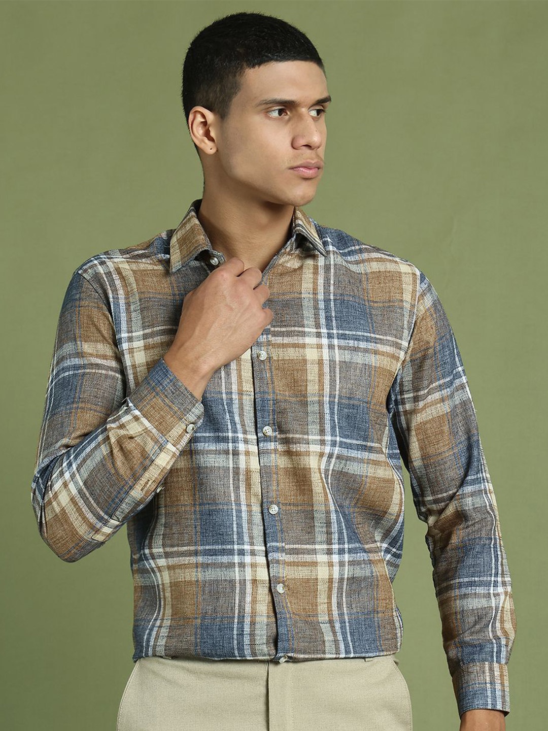 

Indian Needle Men Classic Windowpane Checks Opaque Checked Formal Shirt, Brown