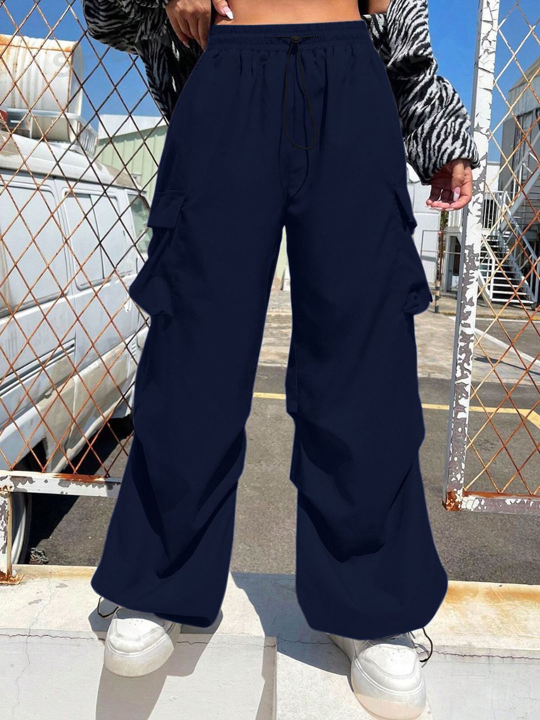 

BUY NEW TREND Women Relaxed Loose Fit High-Rise Cargos Trousers, Navy blue