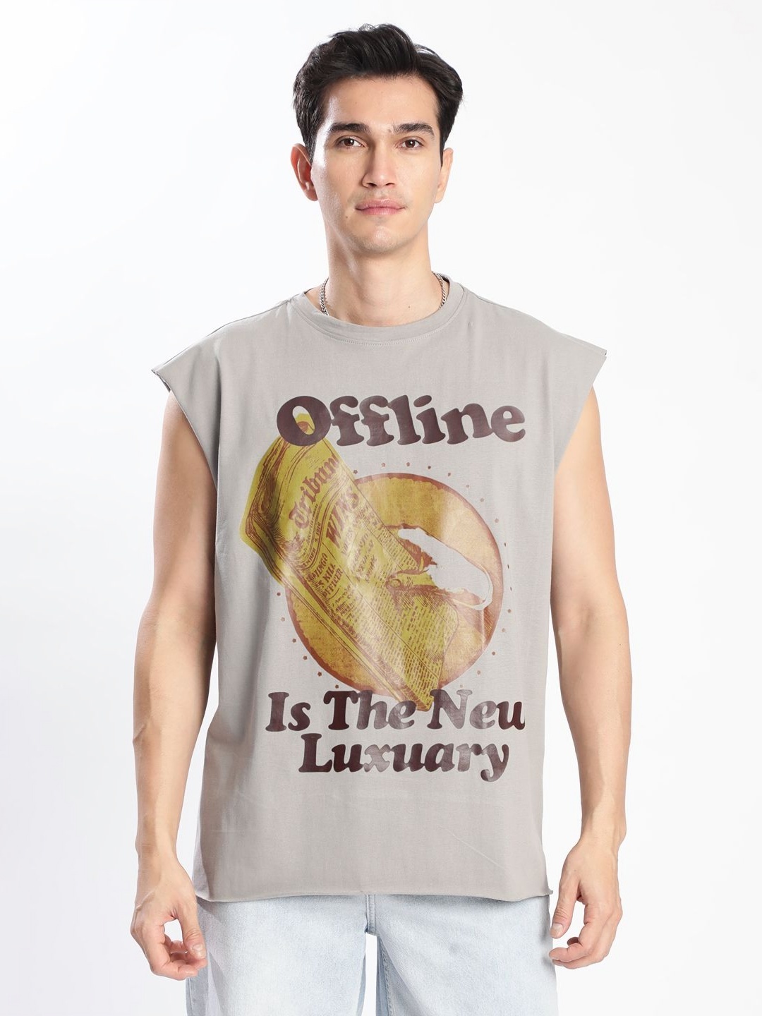 

Bene Kleed Men Printed Extended Sleeves Raw Edge T-shirt, Grey