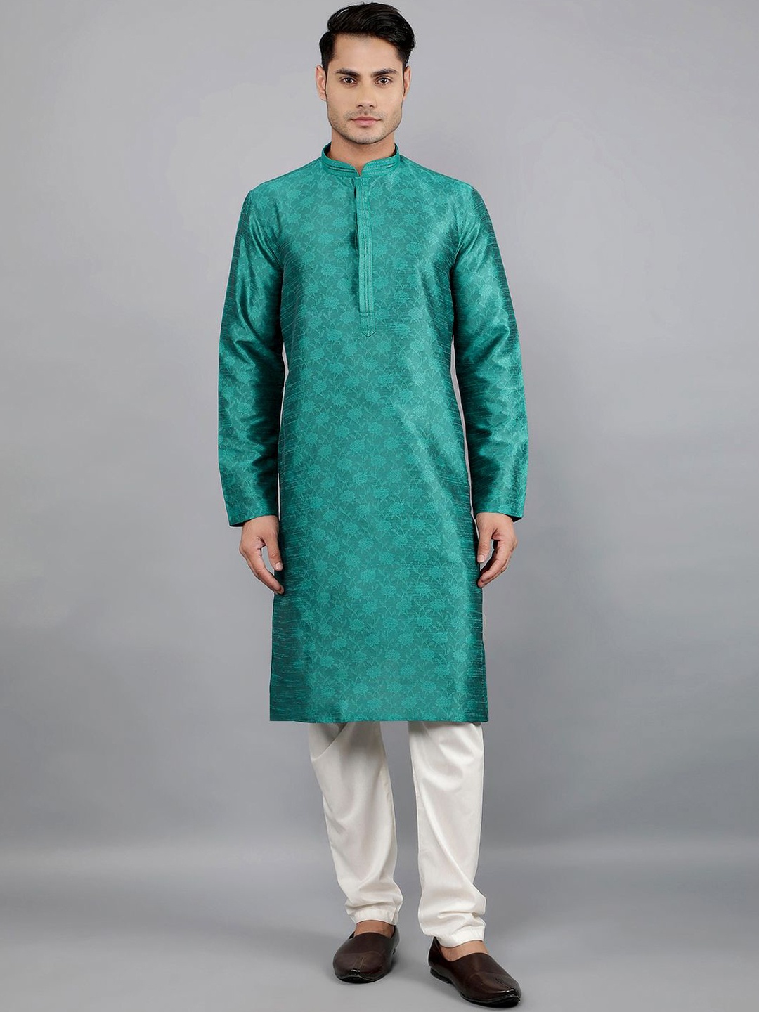 

Manish Creations Floral Woven Design Mandarin Collar Kurta With Churidar, Green